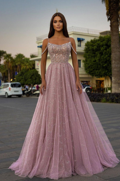 Tulle Spaghetti Strap Sleeveless A Line Long Formal Dress With Sequins Beads