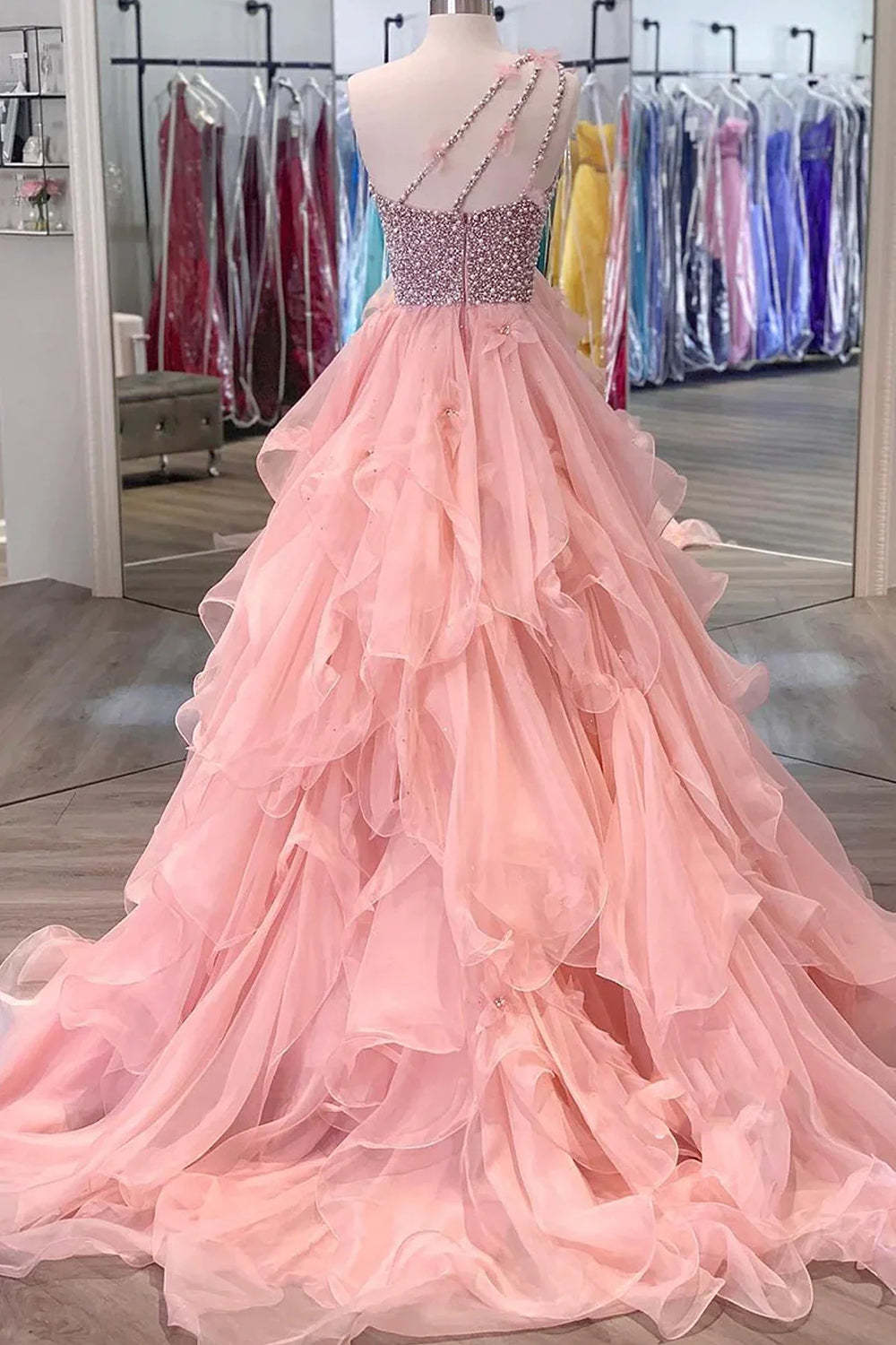 Pink Long Prom Dress with Beading Ruffles and One Shoulder A-Line Design