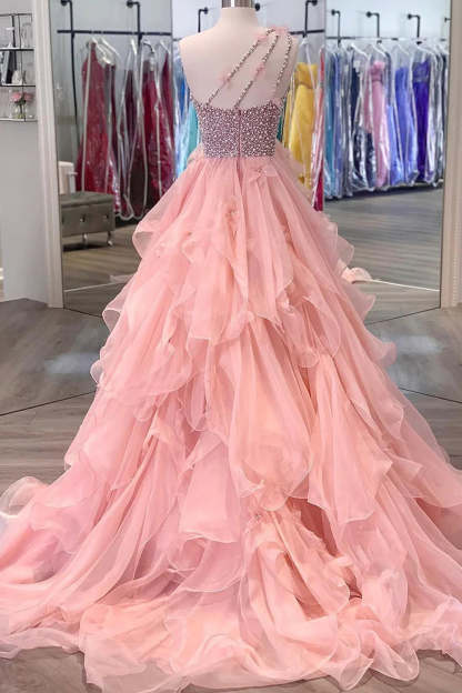 Pink Long Prom Dress with Beading Ruffles and One Shoulder A-Line Design