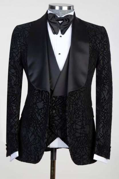 Newest Darren Black Three-Piece Shawl Lapel Jacquard Men's Suits