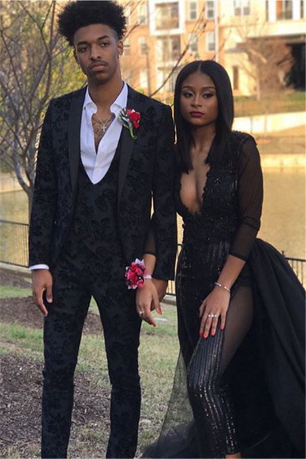 Handsome Black Jacquard Business Prom Suits for Guy with Three Pieces