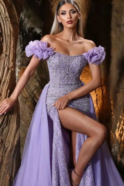 Lavender Off the Shoulder Sleeveless Split Long Formal Dress With Beadings