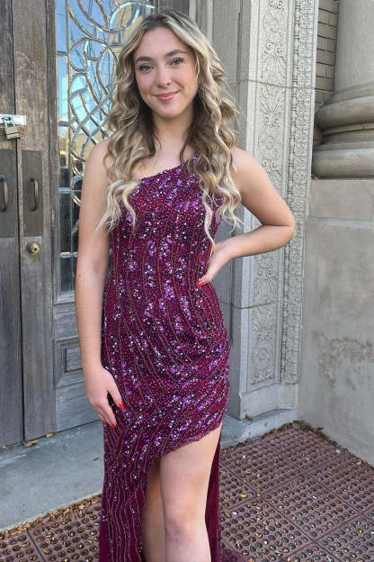 Long Prom Dress in Sparkly Dark Purple with Sequins and Slit