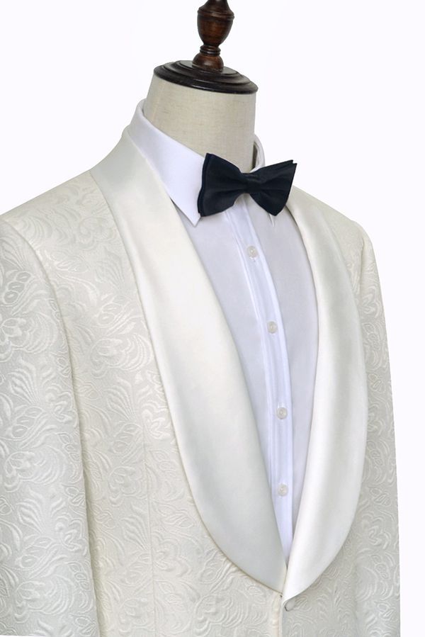 Popular Jacquard White Tuxedos for Wedding Silk Shawl Lapel One-Button Wedding Suit for Men