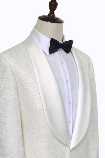 Popular Jacquard White Tuxedos for Wedding Silk Shawl Lapel One-Button Wedding Suit for Men
