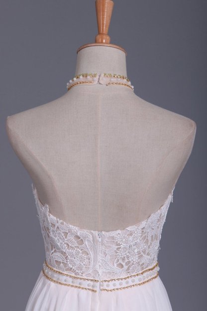 Gorgeous Chiffon A-Line Floor-Length Backless Halter Wedding Dress with Ruffles Pearl Lace