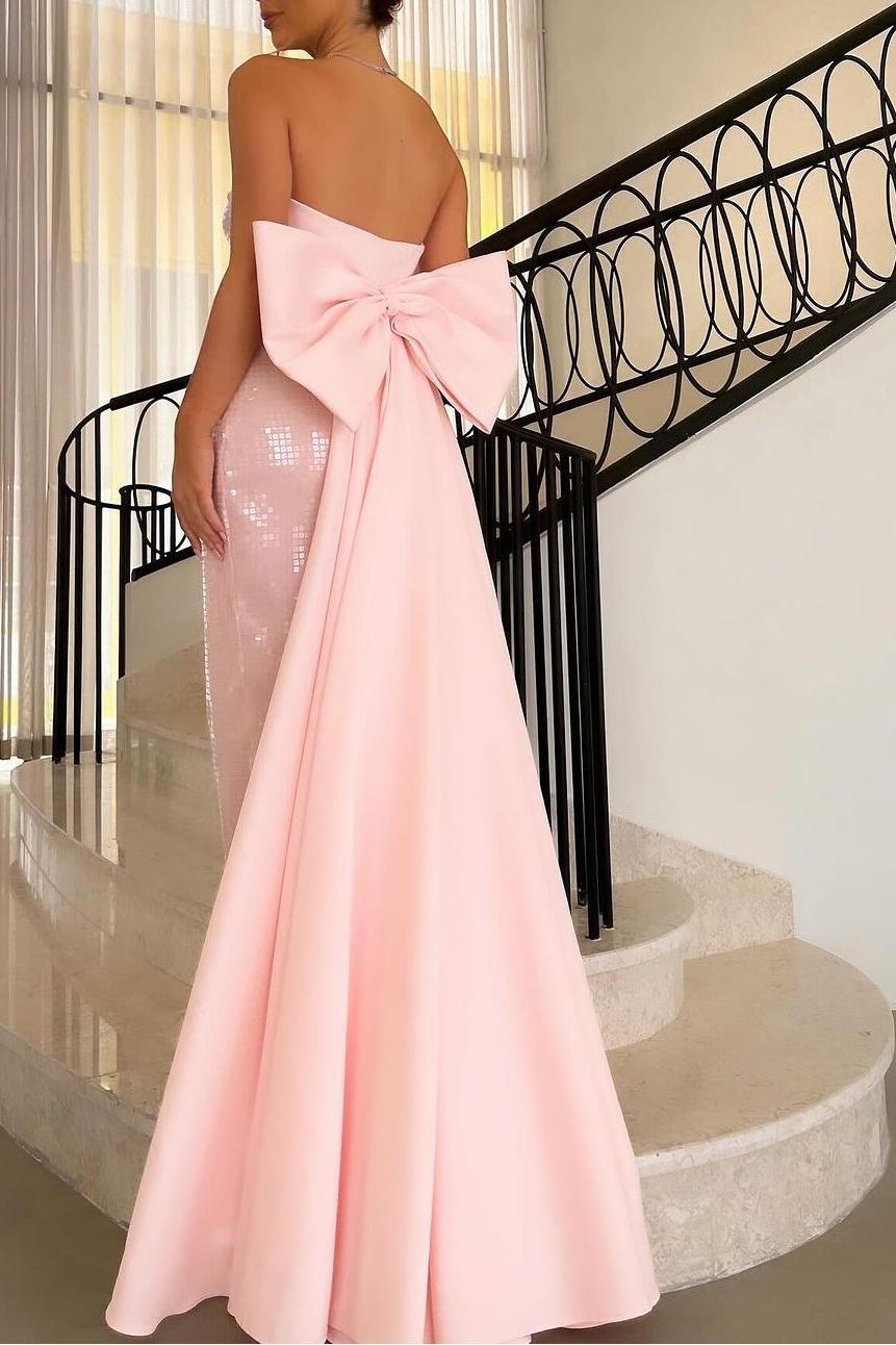 Charming Pink Sequins Sleeveless Strapless Formal Dress With Bowknot
