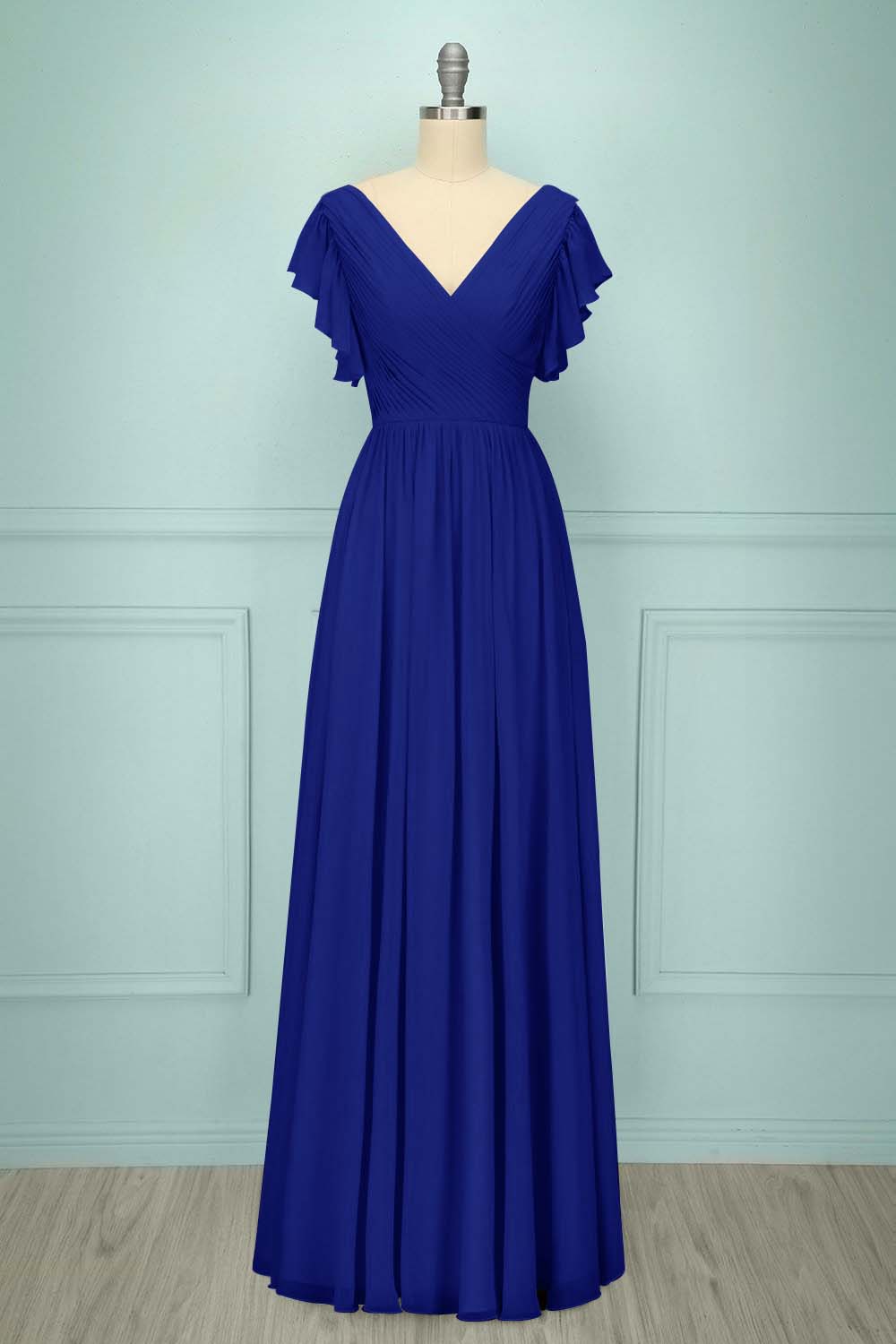 Chiffon V Neck Sleeveless Long Formal Dress With Pleated Ruffle