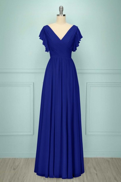 Chiffon V Neck Sleeveless Long Formal Dress With Pleated Ruffle