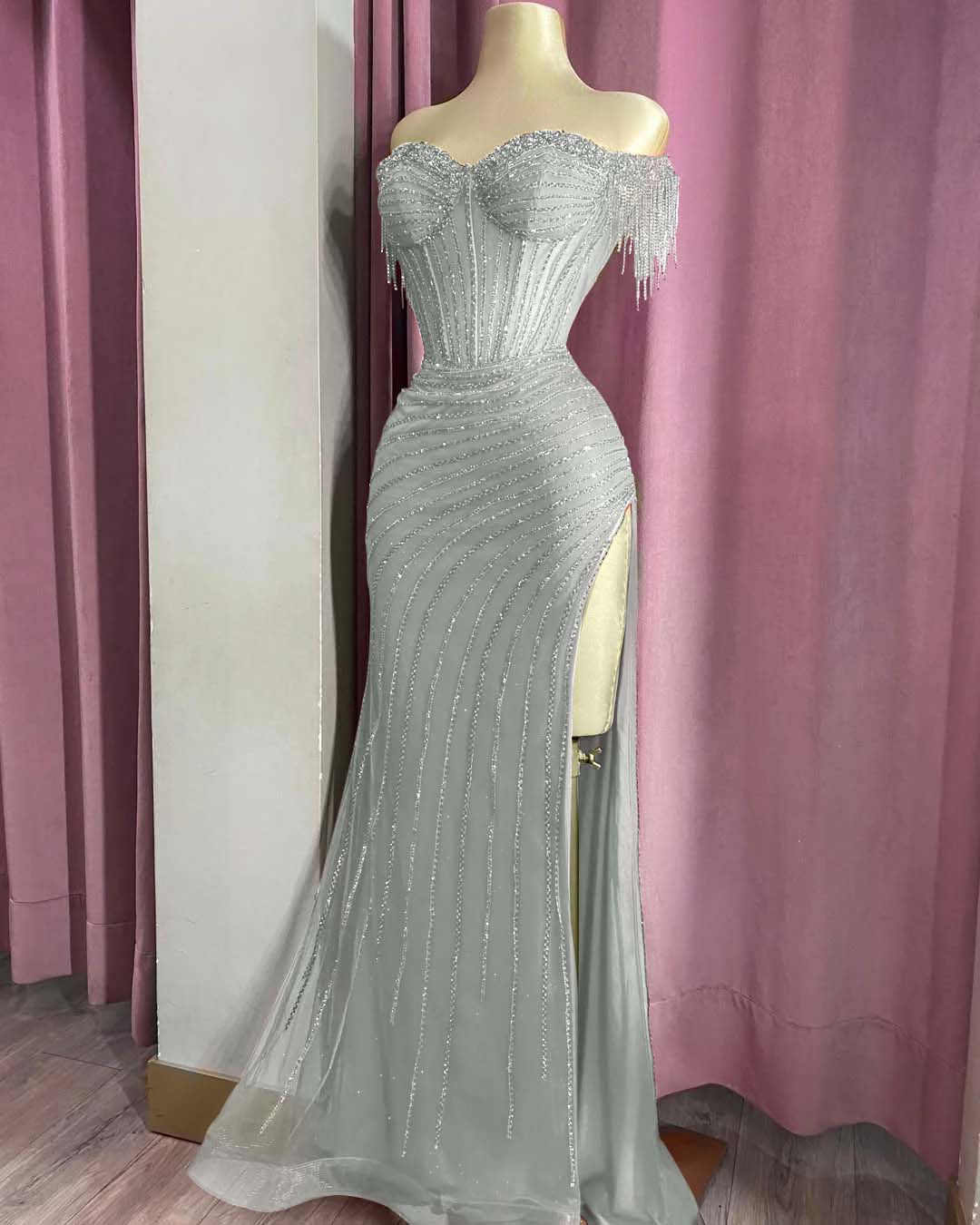 Off the Shoulder Sleeveless Long Split Formal Dress With Beading