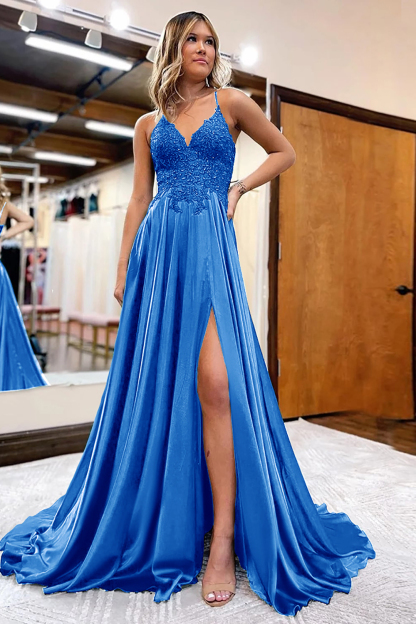 Prom Dress in Dark Green Satin with A-Line Silhouette and Appliques Featuring a Slit