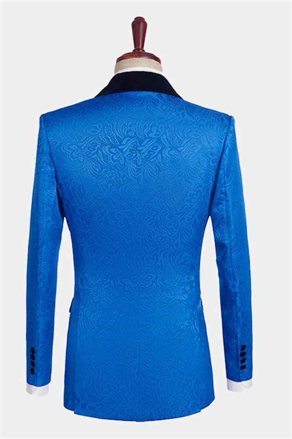 Gentle Royal Blue Floral Jacquard Suit for Men Wedding in Three Pieces