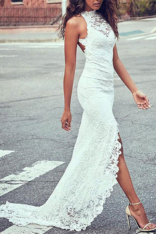 Lace High Neck Summer Beach Wedding Dress