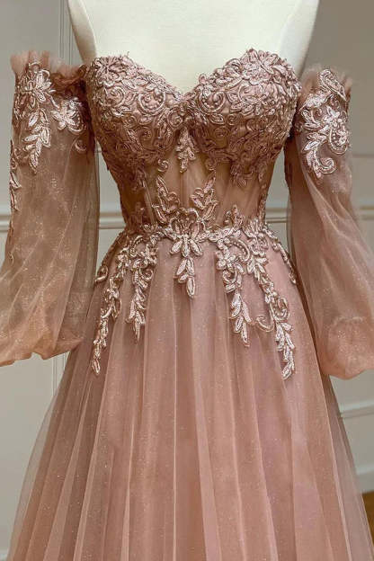 Blush A-Line Long Prom Dress with Off-the-Shoulder Neckline and Appliques