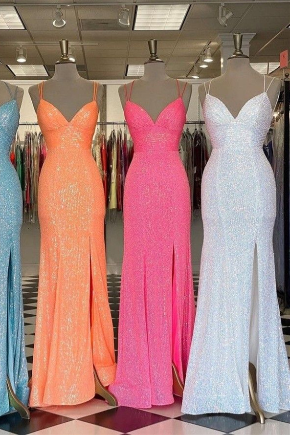 Orange Sequins Long Prom Dress with Mermaid Spaghetti Straps and Split Front