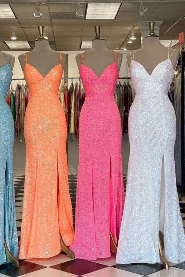 Orange Sequins Long Prom Dress with Mermaid Spaghetti Straps and Split Front