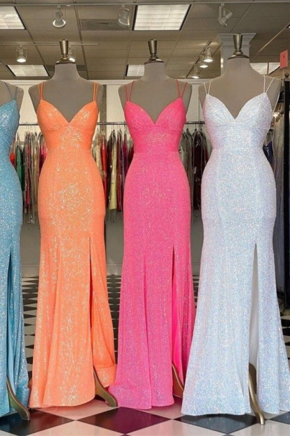 Orange Sequins Long Prom Dress with Mermaid Spaghetti Straps and Split Front