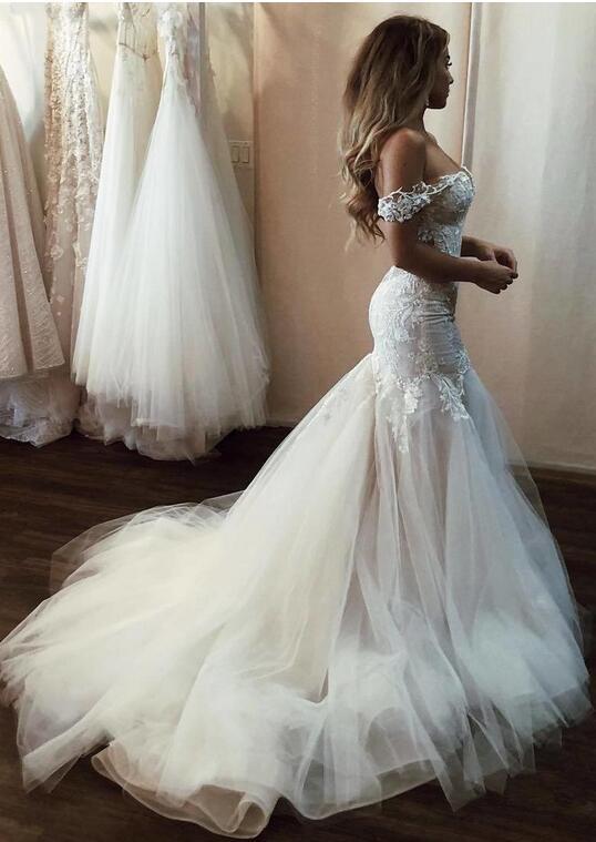 Stunning Off-the-Shoulder Mermaid Sweetheart Wedding Dresses with Tulle