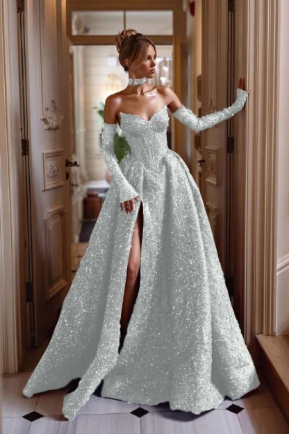 Strapless Sleeveless Long Split Formal Dress With Sequins Detachable sleeves