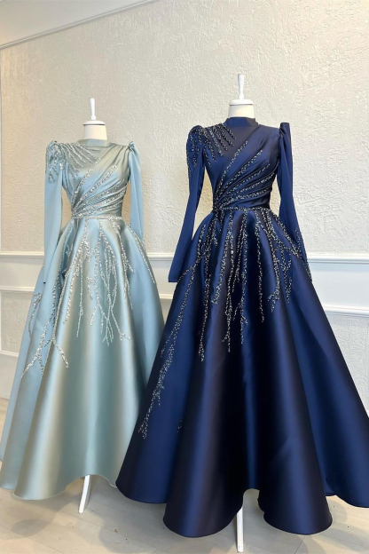 High Collar Long Sleeves A Line Beads Formal Dress With Pleated Appliques