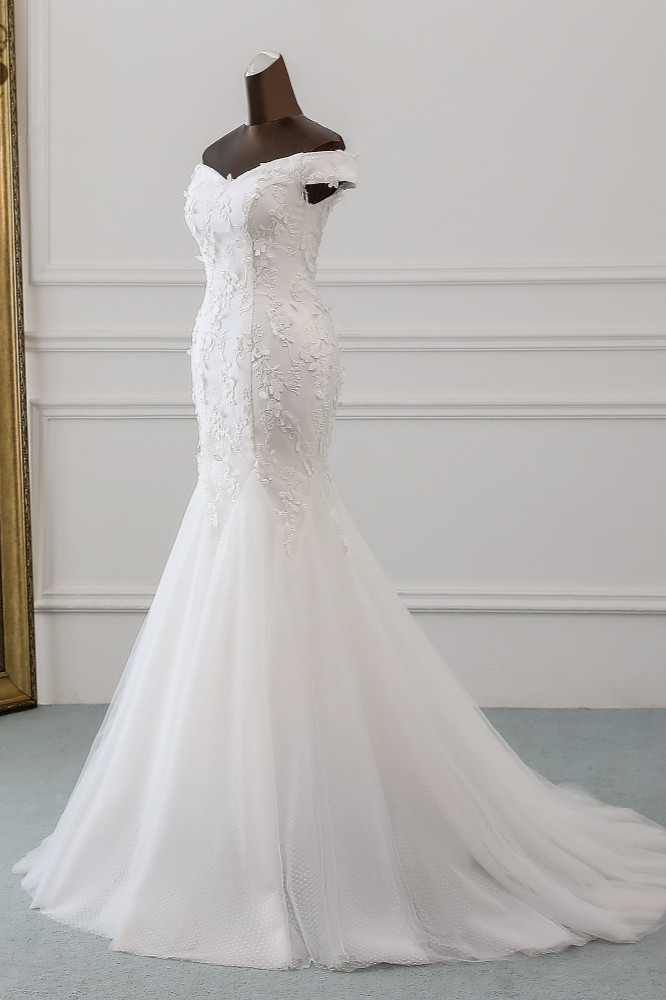 Sexy Long Off-the-Shoulder Mermaid Wedding Dress with Lace Tulle
