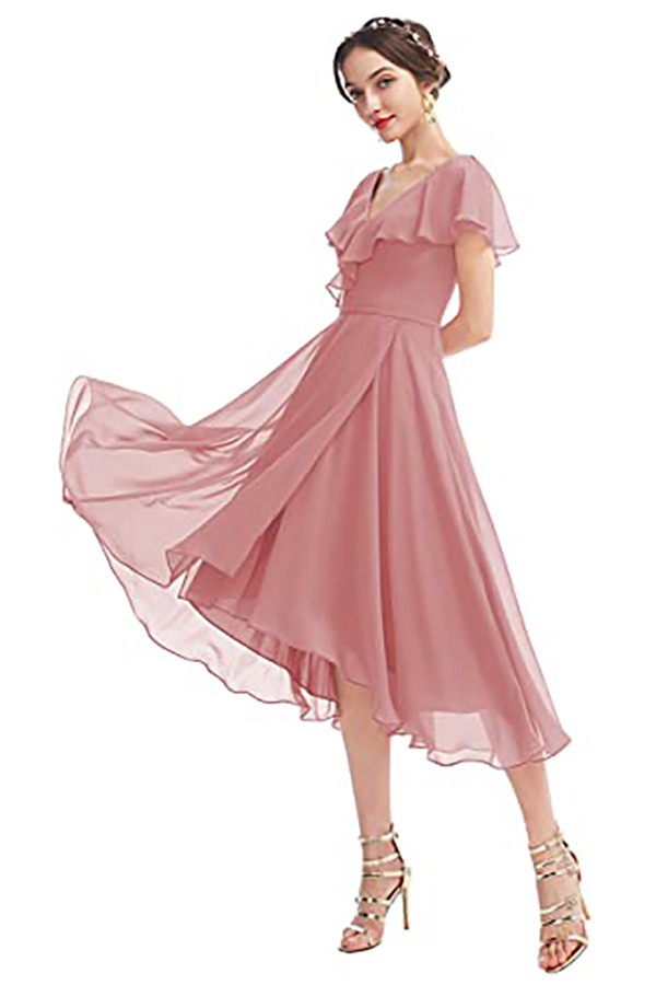 V-Neck Short Sleeve Ruffles Bridesmaid Dress