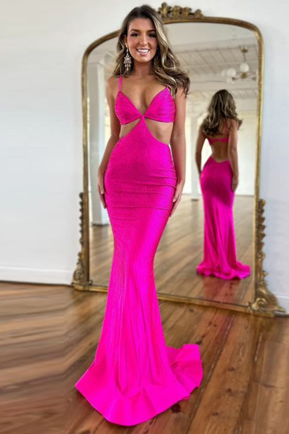 Mermaid Long Prom Dress with Royal Blue Sparkly Spaghetti Straps and Cut-Out