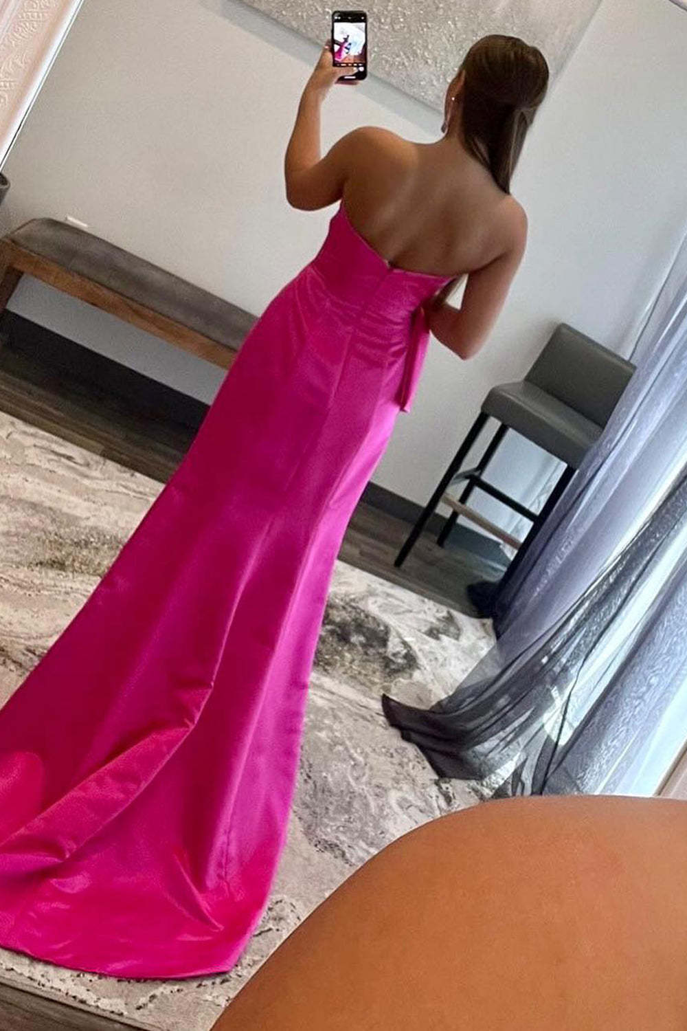 Long Hot Pink Prom Dress with Sweetheart Neckline and Front Split