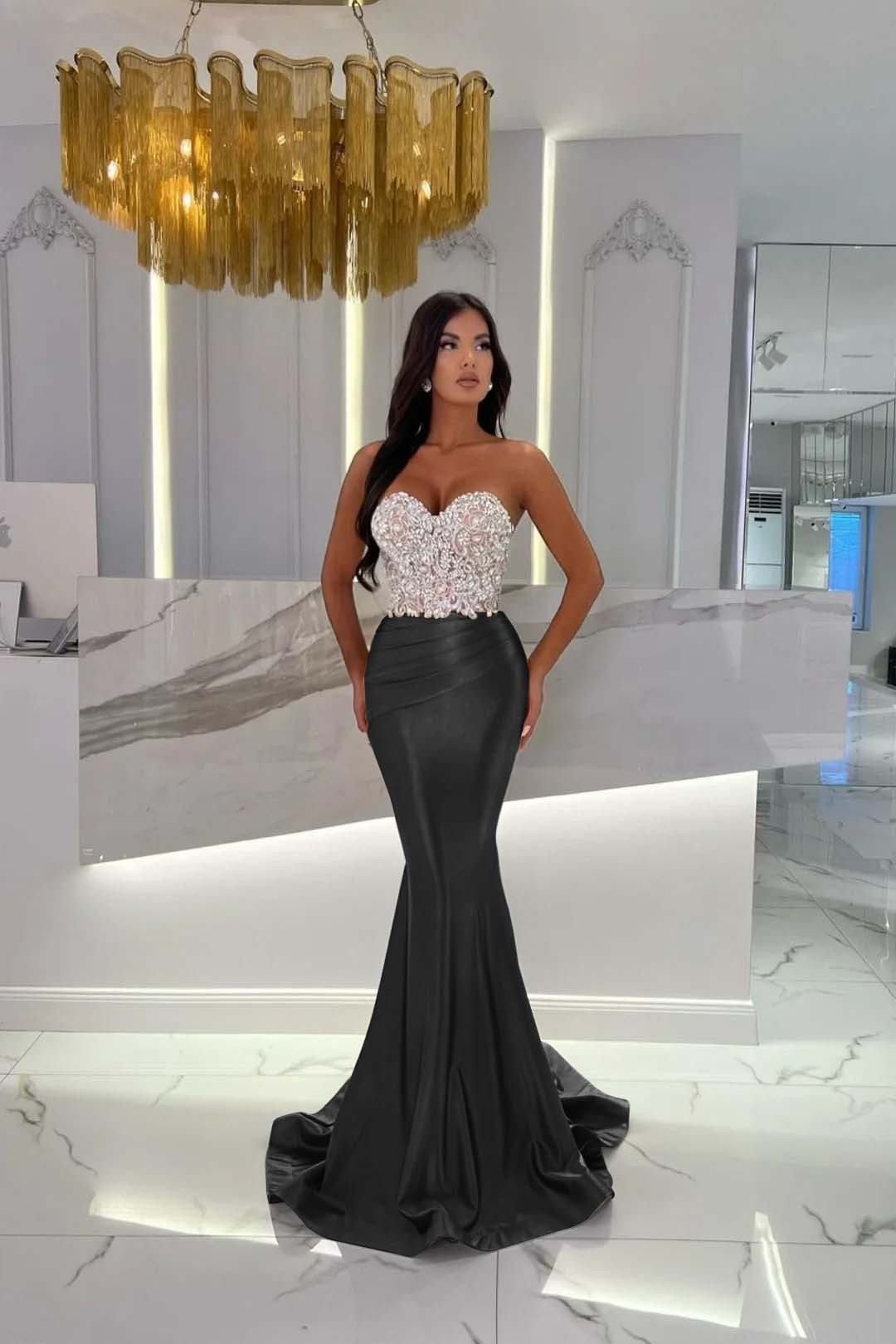Formal Dress Satin Gold Sweetheart Sleeveless Strapless With Rhinstone Mermaid