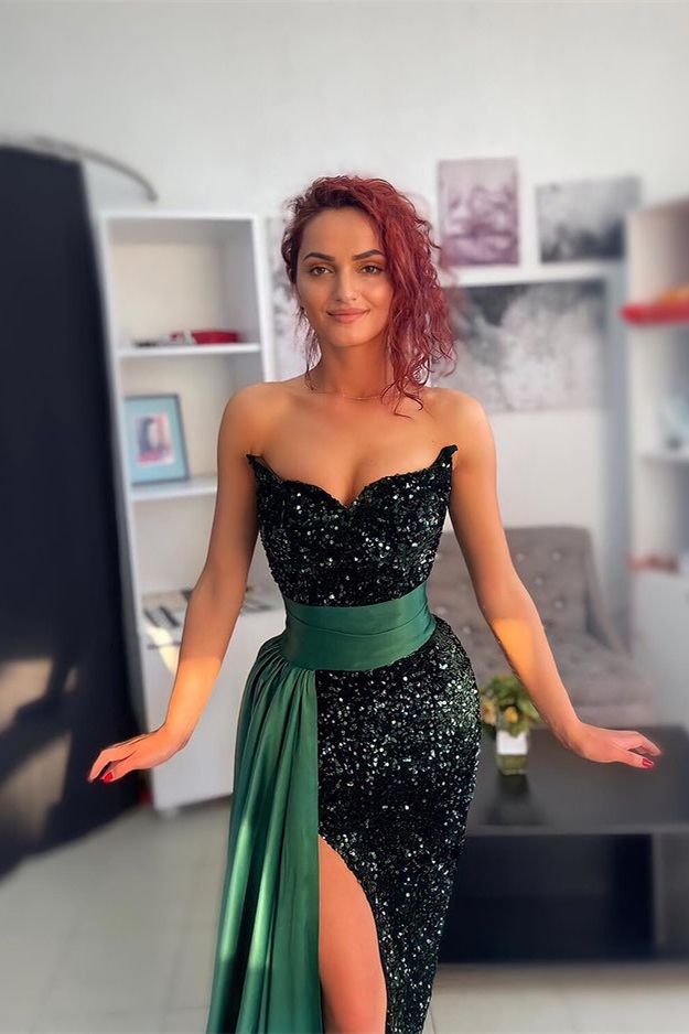 Sexy Sweetheart Slit Dark Green Mermaid Evening Dress With Fabulous Sequins Ruffles