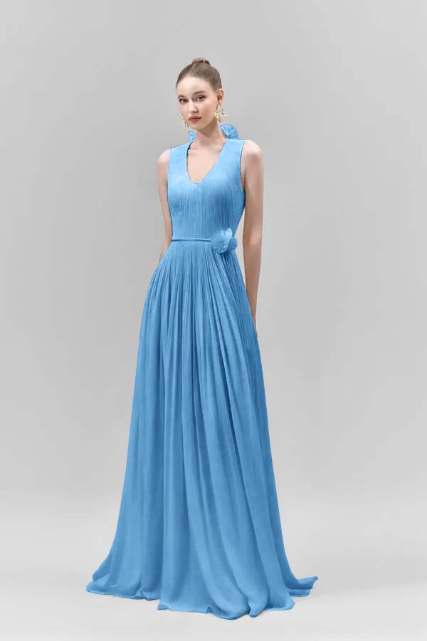 Chic Sleeveless Straps V Neck Long Formal Dress With Pleated Belt