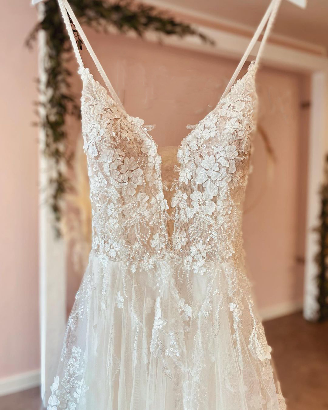 Modern Spaghetti-Straps Backless Deep V-Neck Long A-Line Wedding Dress with Lace Tulle