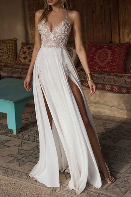 Chiffon Spaghetti-Straps Split Lace Wedding Dress