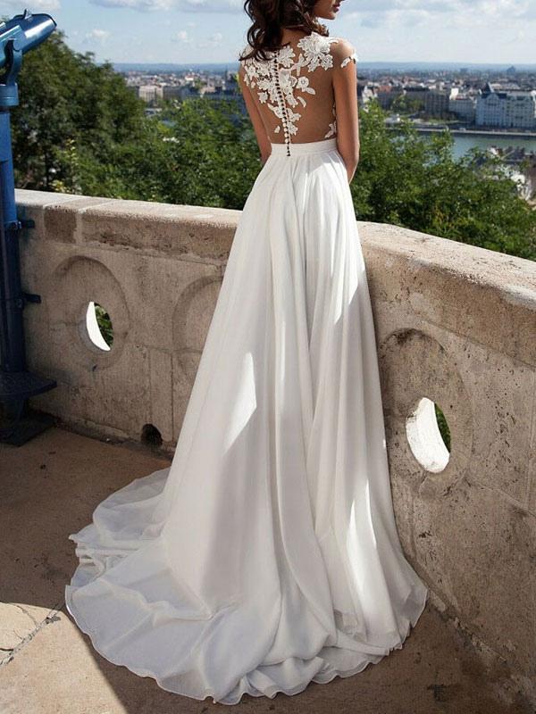 Lace Appliques Beach Wedding Dress Slit