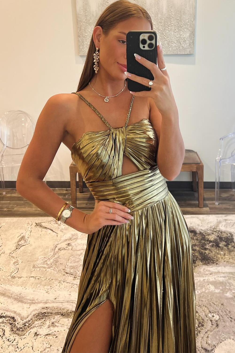 Long Halter Prom Dress in Metallic Fuchsia with Keyhole Slit and A-Line Silhouette