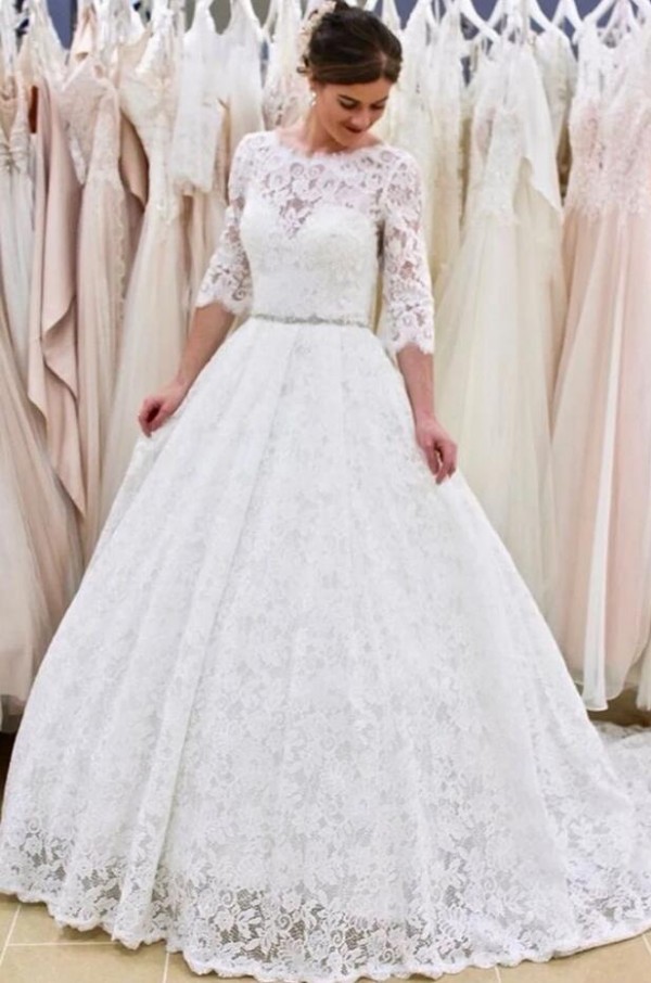 Modest Backless Long Lace A-Line Wedding Dress with Sleeves