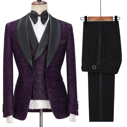 Dark Purple Caleb Bespoke Sparkle Shawl Lapel Three-Piece Men's Suits