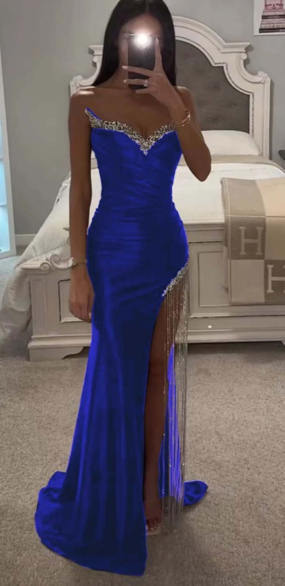 Strapless Sleeveless Long Mermaid Formal Dress With Split Tassel Beading