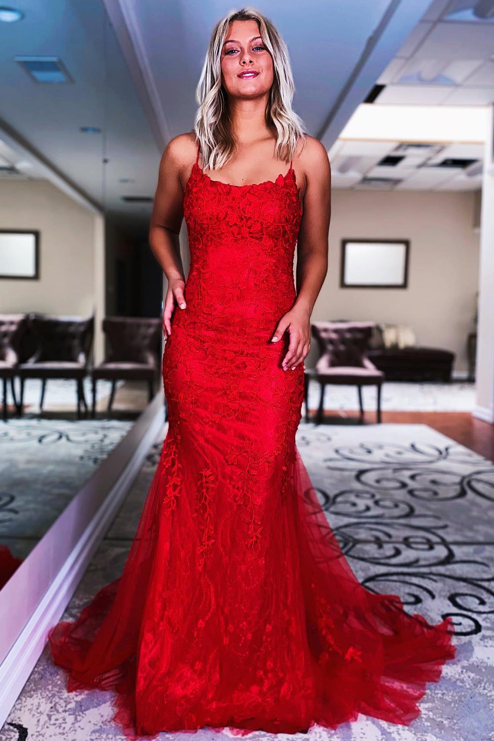 Long Blue Prom Dress with Mermaid Spaghetti Straps and Backless Design