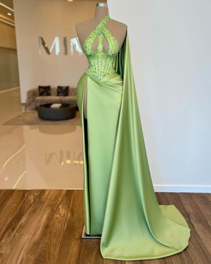 Elegant Sleeveless Apple Green Sequins Beads Split Evening Dress With Long Ruffle