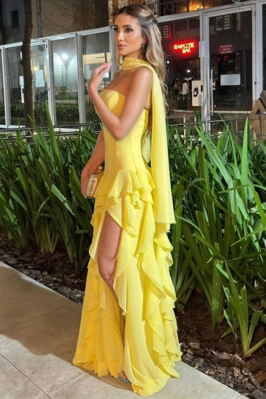 Strapless Sleeveless Long Split Formal Dress With Pleated Ruffles