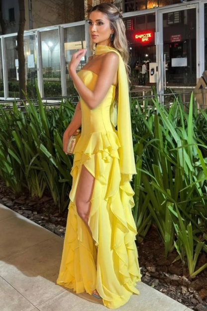 Strapless Sleeveless Long Split Formal Dress With Pleated Ruffles