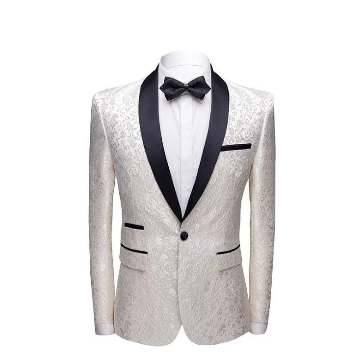 White Jacquard One Button Wedding Tuxedos with Black Shawl Lapel Men's Suits (Jacket Pants)