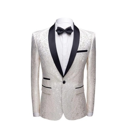 White Jacquard One Button Wedding Tuxedos with Black Shawl Lapel Men's Suits (Jacket Pants)