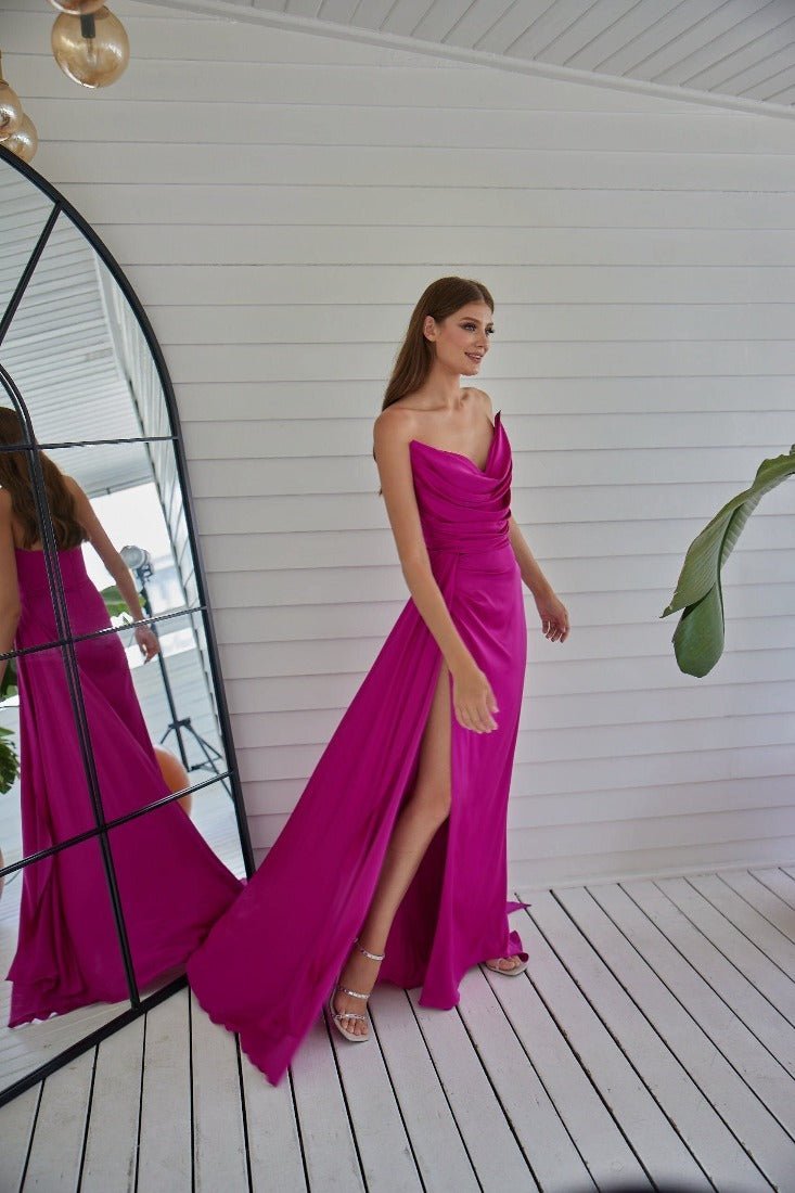 Fashionable Satin Maxi Strapless Wedding Guest or Prom Dress