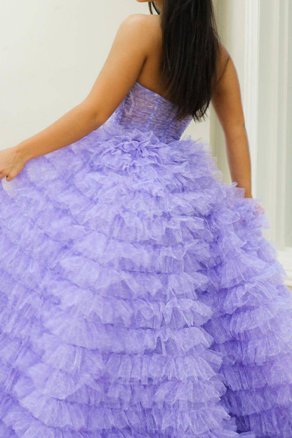Elegant Sweetheart Purple Tulle A-Line Long Prom Dress Featuring a Keyhole