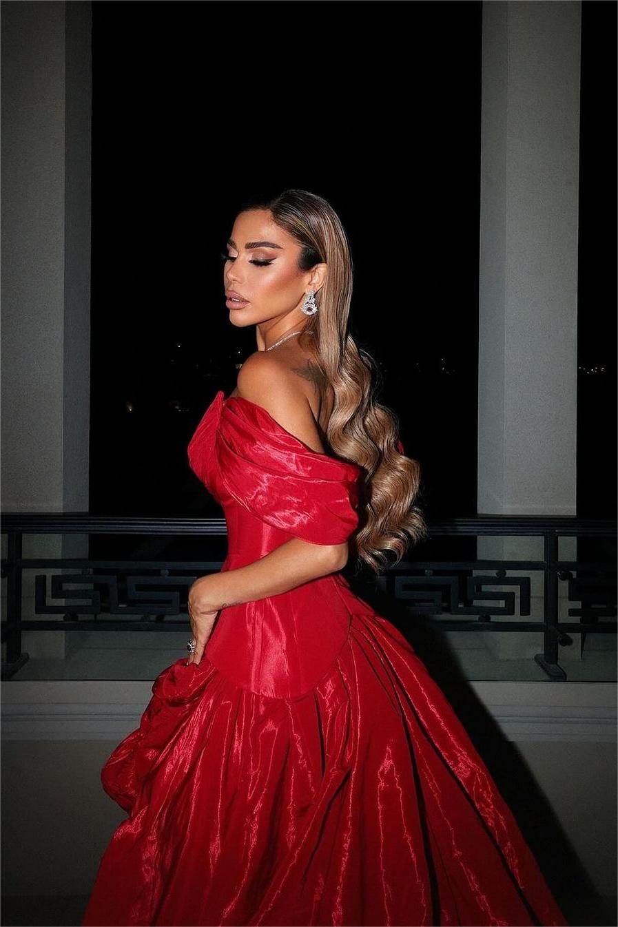 Chic Red Off the Shoulder V Neck A Line Long Split Formal Dress With Ruffles