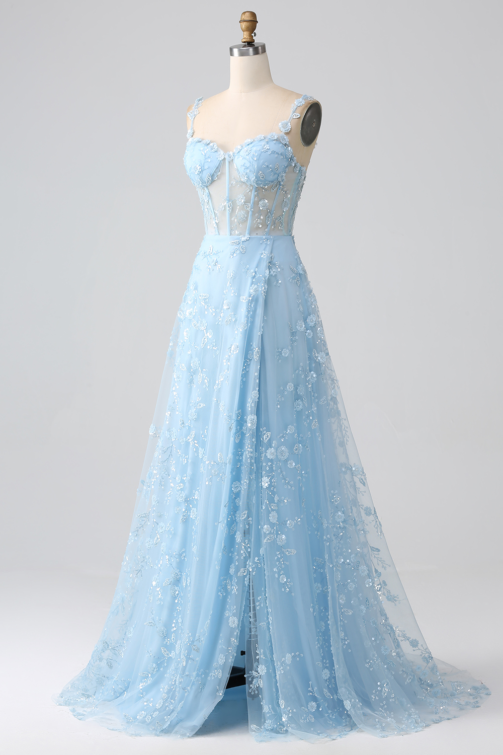 Long Corset Prom Dress in Blush with A-Line Silhouette and Spaghetti Straps Adorned with Appliques