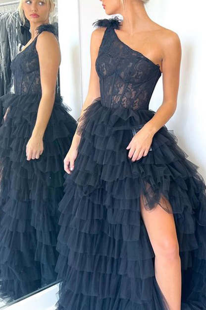 Long Black Prom Dress with One Shoulder and Tiered Ruffles