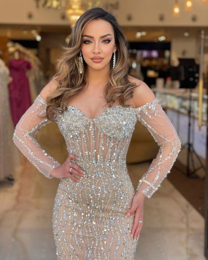 Heavy Formal Dress Sweetheart Long Sleeves Strapless Beading Long Tulle